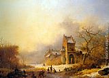 Famous Winter Paintings - Figures on a frozen river in a winter landscape